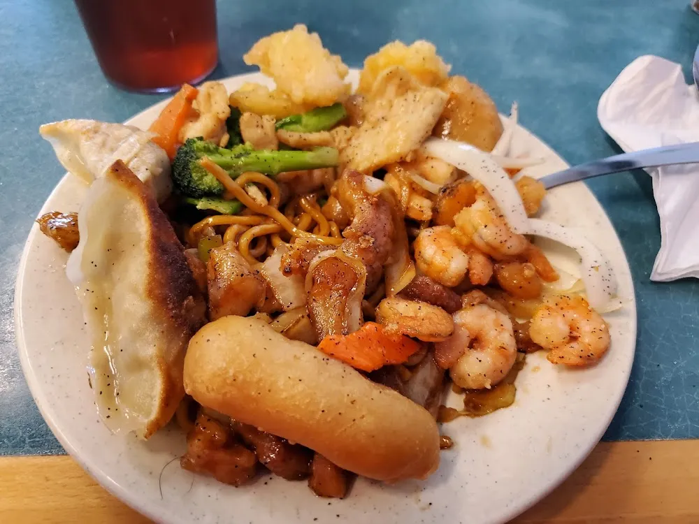 Variety Lo Mein Noodles Battered Chicken Pepper Shrimp Steamed Dumplings Steamed Mixed Vegetables
